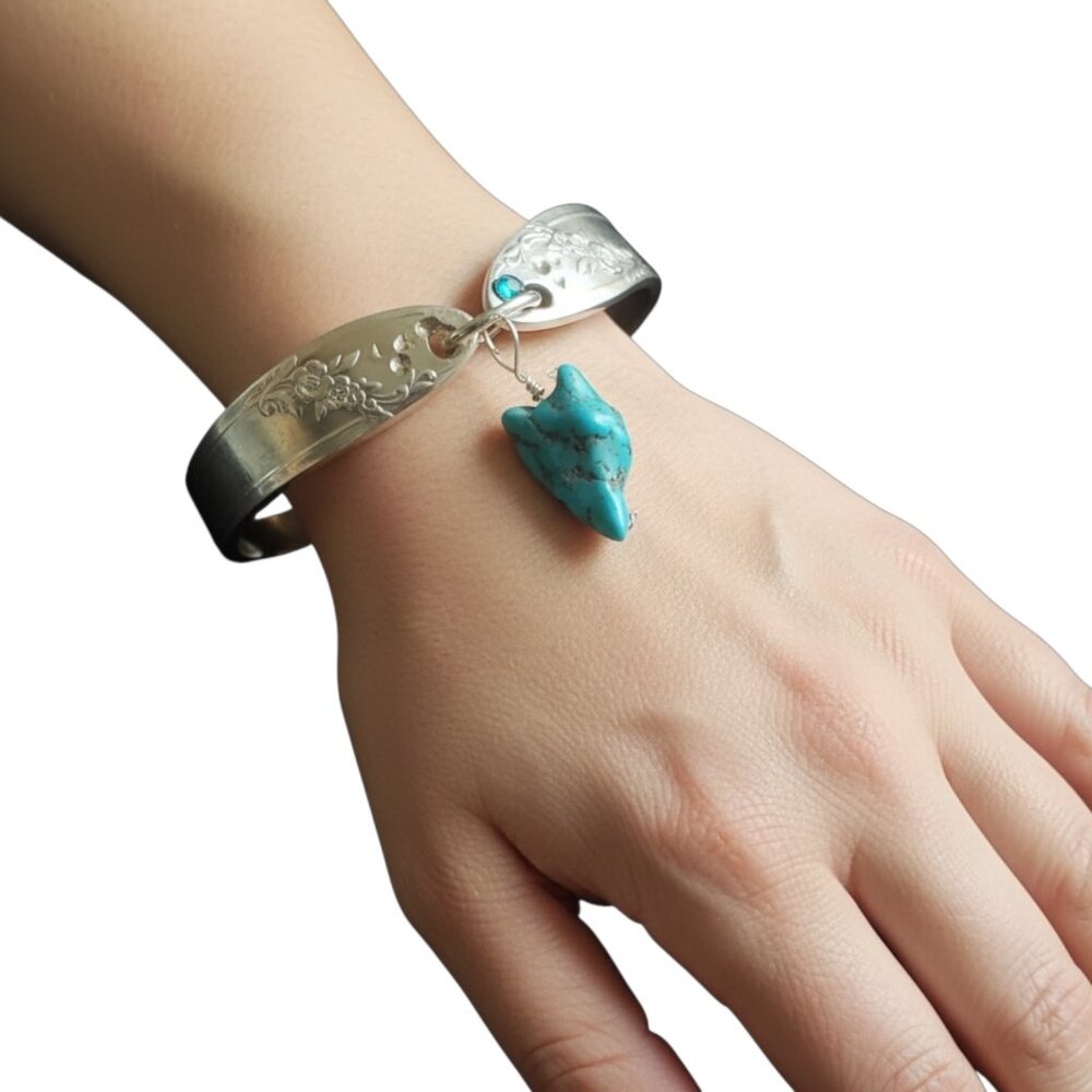 Handcrafted Tudor Silver Spoon Bracelet With Turquoise Charm & Floral Engraving